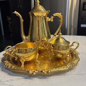 Sheridan Taunton Silversmiths Gold Plated Tea Coffee Service 5-Pc w/ Tray